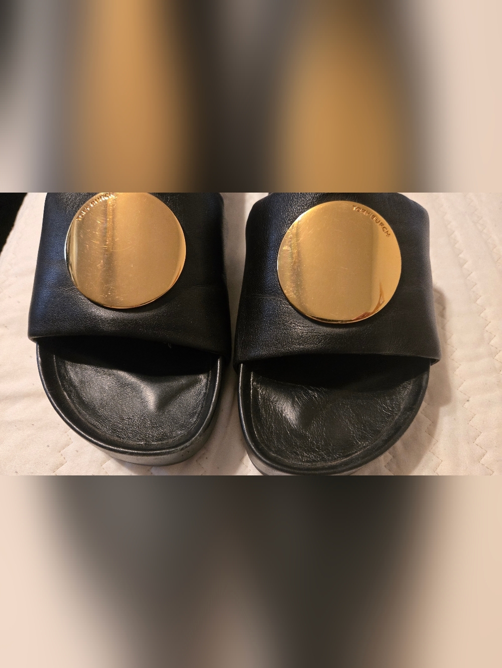 Tory Burch Black Slide Sandals with Gold Medallion - Picture 8 of 16
